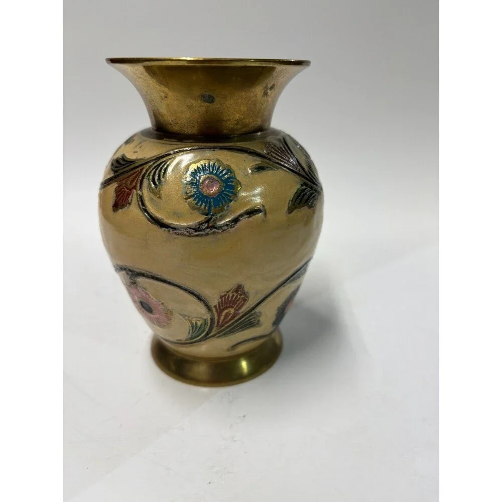 Vintage Brass Enamel Floral Vase Hand Painted India Etched Gold Tone 5
